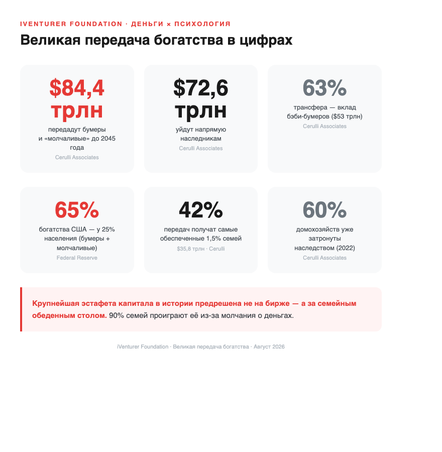 Инфографика: масштаб Великой передачи богатства — $84,4 трлн до 2045 года, $72,6 трлн напрямую наследникам, 65% богатства США у 25% населения, $35,8 трлн для топ-1,5% семей