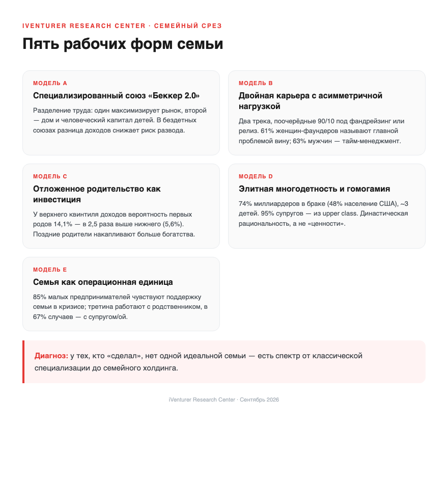 Пять рабочих форм семьи: специализированный союз, двойная карьера, отложенное родительство, элитная многодетность, семья как операционная единица бизнеса