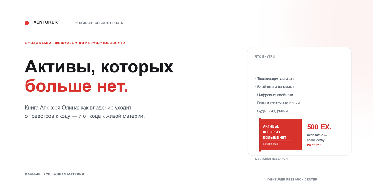 Обложка: книга Алексея Олина «Активы, которых больше нет» — серия «Феноменология собственности», первые 500 экземпляров бесплатно для сообщества iVenturer.