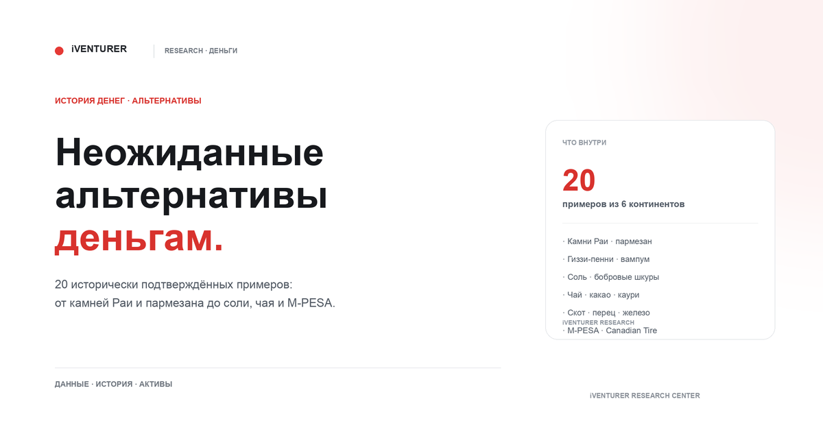 Обложка iVenturer Research об альтернативных деньгах: камни Раи, пармезан, соль, чай, какао и другие товарные деньги в истории.